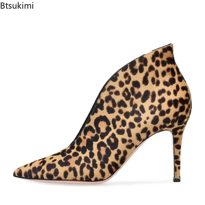 Nouvelles Bottines Léopard Pointues en Cuir et Daim pour Femme