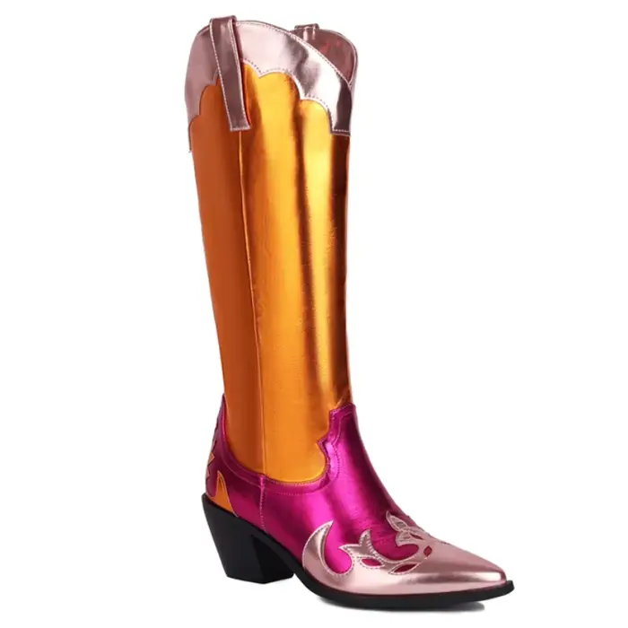 Bottes de cowboy occidentales pour femmes, chaussures de cowgirls, patchwork, chaussures longues ros
