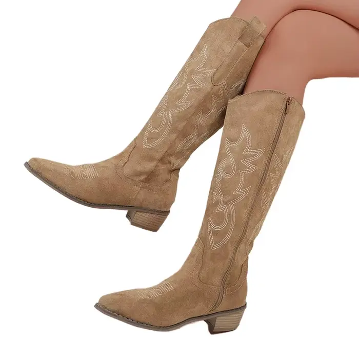 Bottines vintage brodées à découpe en V bottes de cow-boy occidentales à talon bloc marron mi-mollet pour femmes automne hiver occasions spéciales