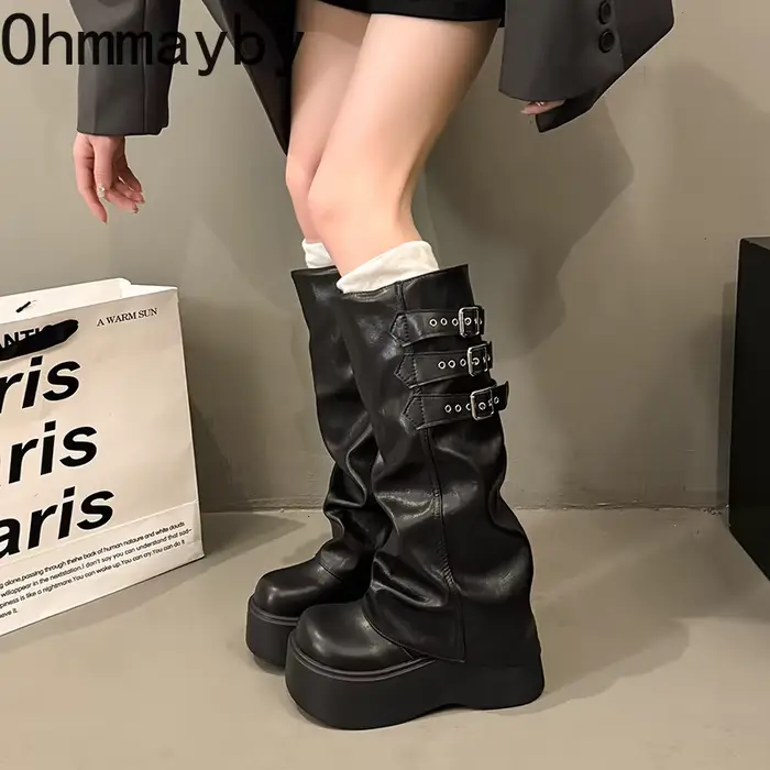 Style Punk femmes bottes longues modernes mode plate-forme hauteur augmenter haute chevalier chaussons chaussures d'hiver Zapatos De Mujer