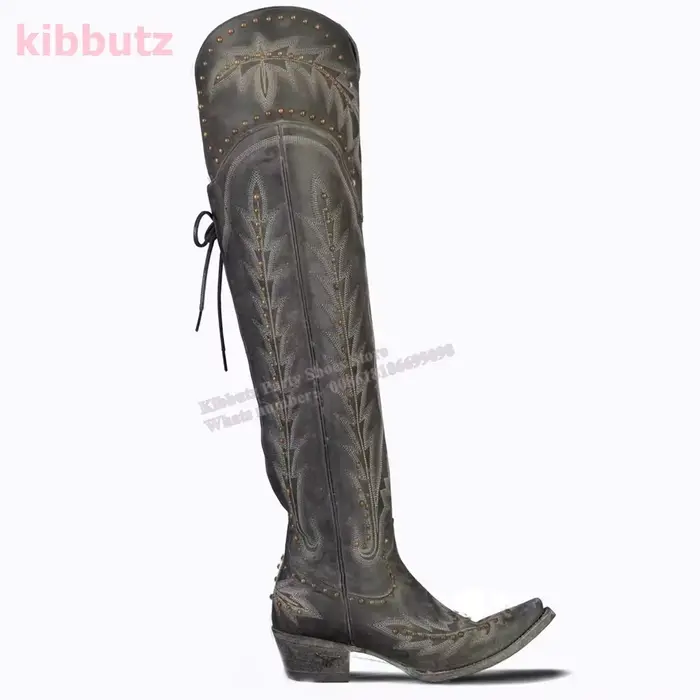 Rivet Cowboy Vintage bottes sur le genou haute broderie à lacets luxe en cuir bout pointu talons épa