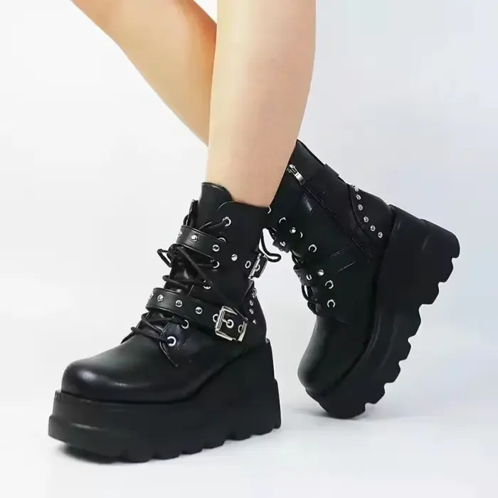 Bottines en cuir Pu pour femmes gothiques à lacets bout rond plateforme de moto nouvelle collection automne hiver bottine noire femme style unique confort durable