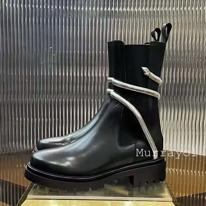 Bottines courtes en forme de serpent en métal pour femmes, bottines d'équitation en cuir véritable à