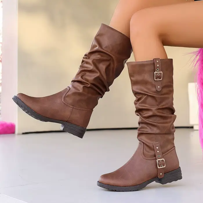 Bottes mi-mollet vintage pour femme, noires, à bout rond, talon bas, tige plissée ample, semelle pla