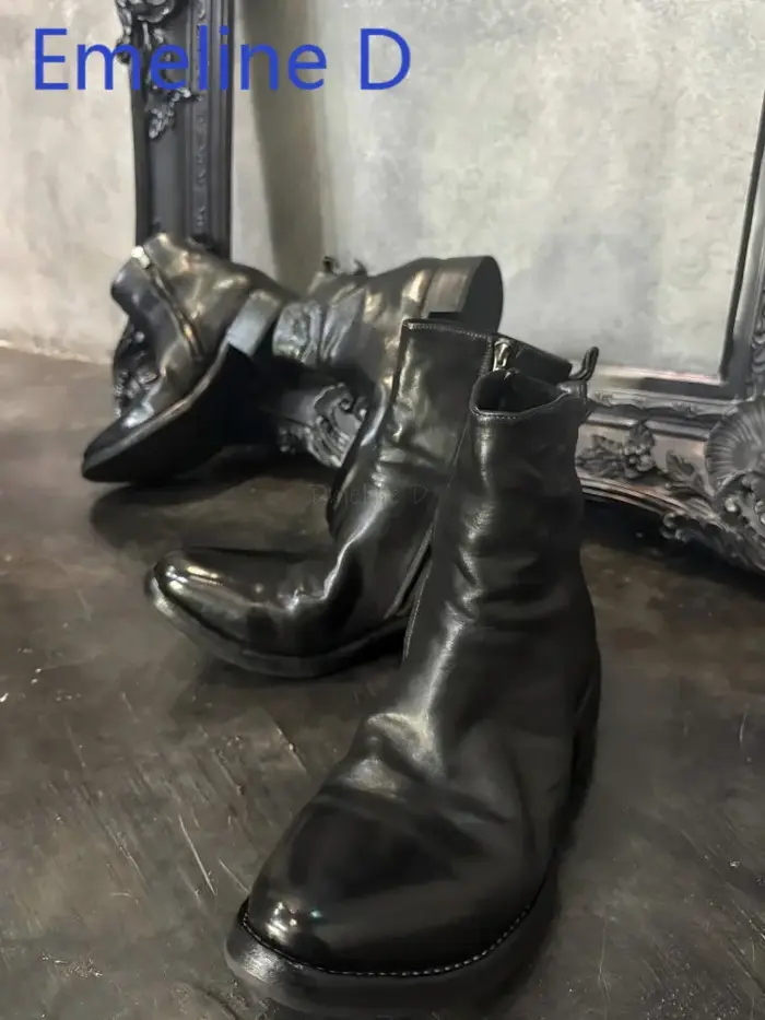 Bottes courtes plissées verticales avec fermeture éclair latérale, en cuir noir, Style minimaliste, 