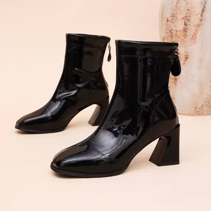 Bottines pour femmes à talon carré haut, en cuir PU verni, bout rond, rouges, avec fermeture éclair 