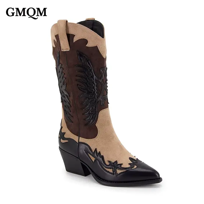 GMQM 2025 Botte mi-mollet pour femme brodée Western Cowboy Vintage Noir Marron Bout pointu Fermeture Éclair Talon épais
