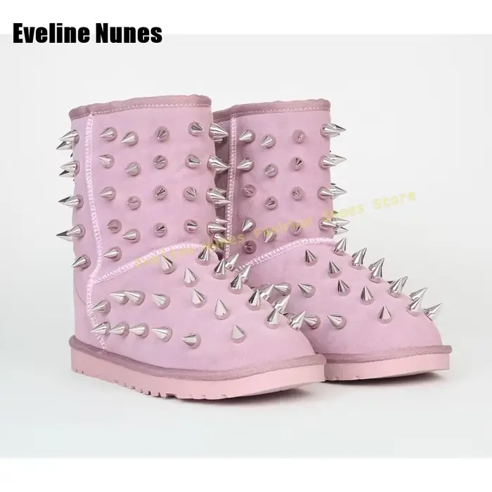 Femmes mode Cool mi-mollet botte hiver 2025 tendance noir Rivet Spike Punk bottes de neige bout rond