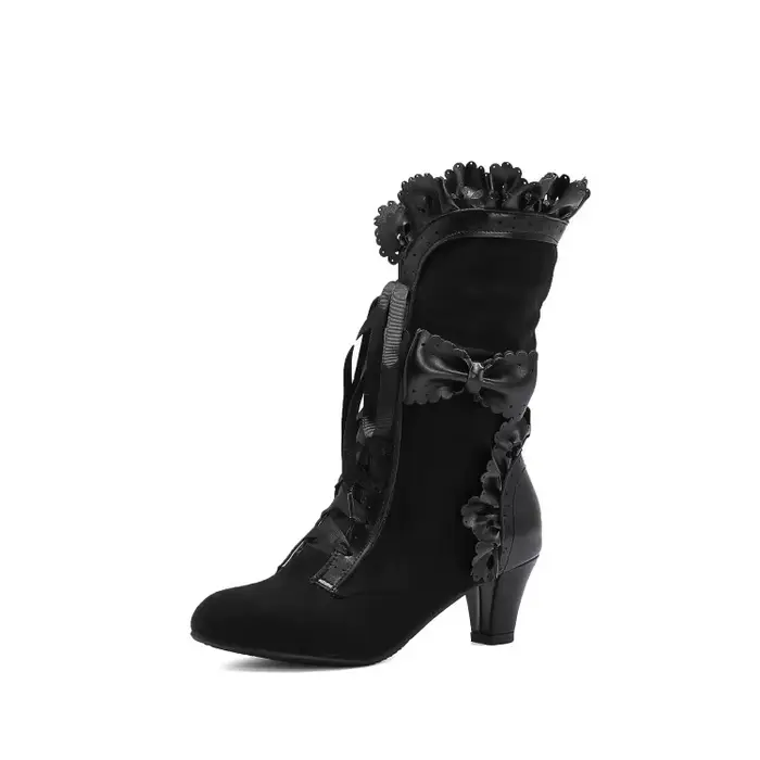 Bottes victoriennes Vintage pour femmes, chaussures à lacets, talons hauts, garniture à volants, pri