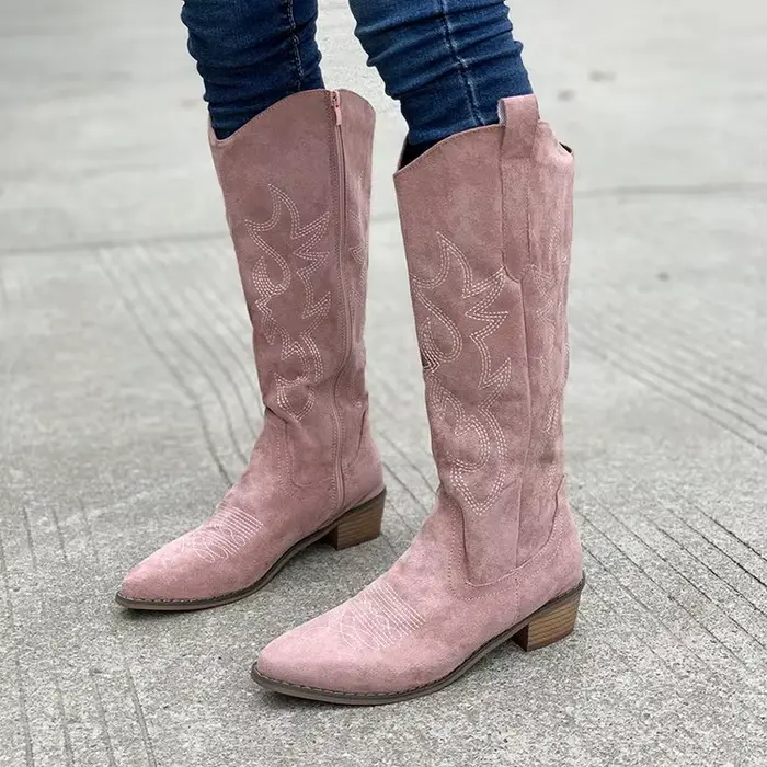 Bottines vintage brodées à découpe en V bottes de cow-boy occidentales à talon bloc marron mi-mollet pour femmes automne hiver occasions spéciales