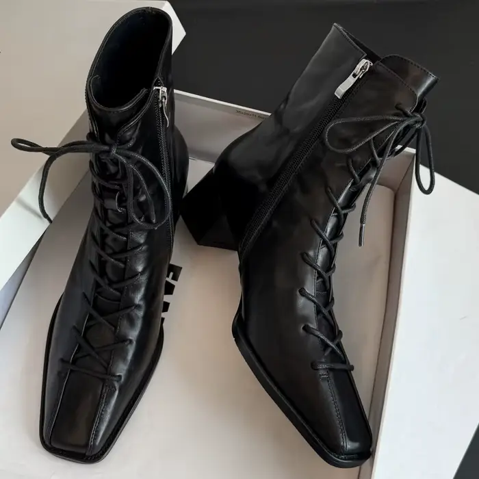 Bottines d'automne en cuir de vache pour femmes, bout carré, fermeture éclair latérale, talon moyen 