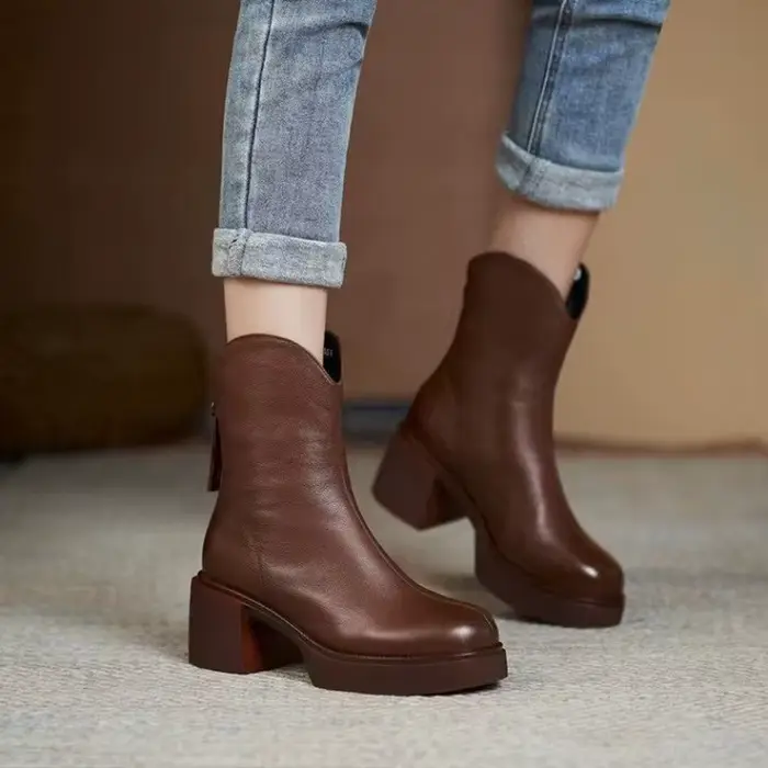 Bottes Chelsea pour femmes en cuir véritable, style britannique, imperméables, talon carré, bout rond, couvrant la cheville, pour hiver, occassions quotidiennes et cadeaux