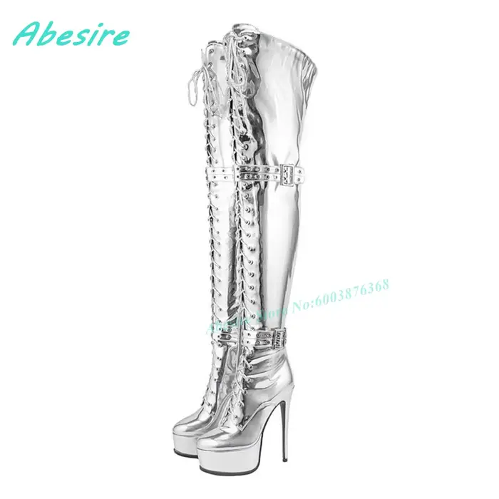 Bottes noires en cuir verni au-dessus du genou, à lacets, avec fermeture éclair latérale, plateforme