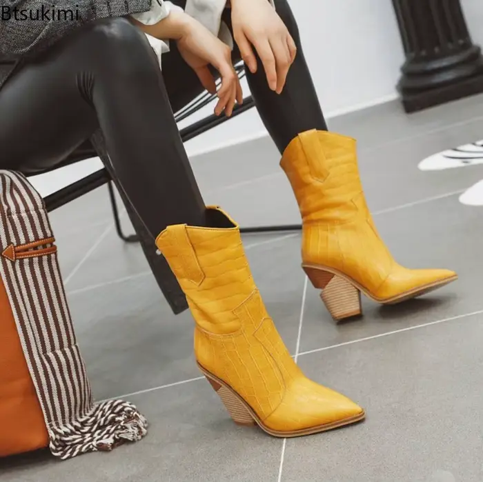 Bottines en cuir PU pour femme, bottes occidentales de Cowboy bout pointu avec fermeture éclair, bottes courtes de Cowgirl pour femmes automne hiver occasions spéciales