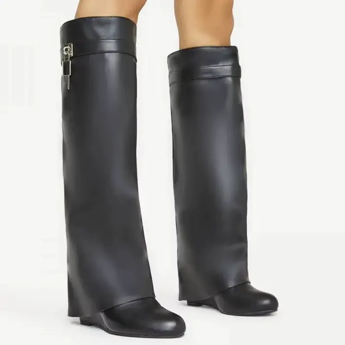 Shark Lock – bottes de moto en cuir blanc et rouge pour femme, chaussures à talon compensé à mollet 