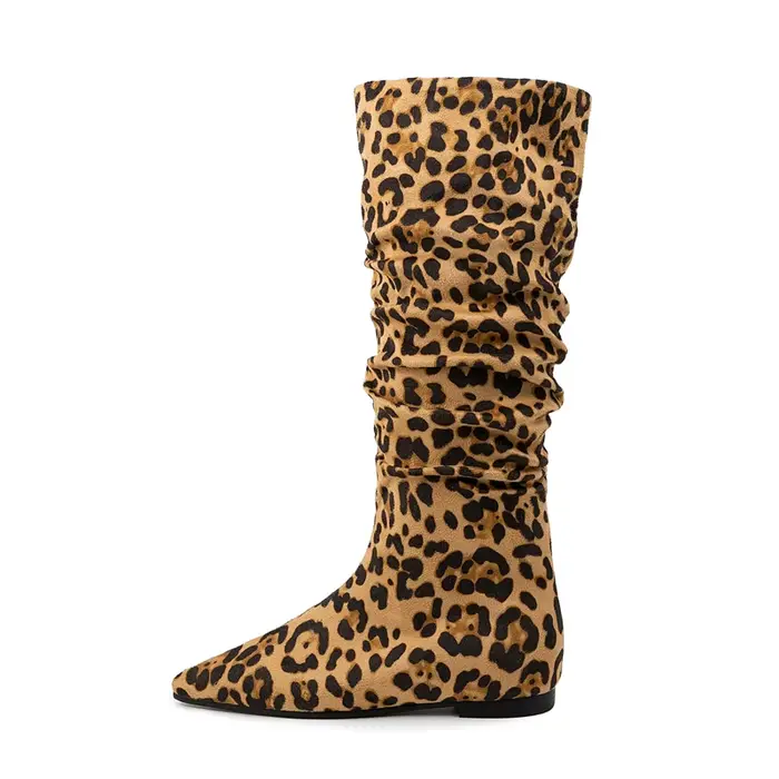 Bottes longues pointues à fond plat imprimé léopard pour femmes, chaussures au genou, talon bas, doc