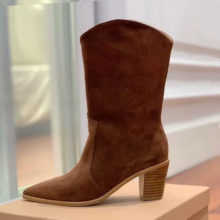Nouveau bout pointu vache daim mi-mollet Botas femmes couleur unie rétro talon épais bottes courtes printemps automne
