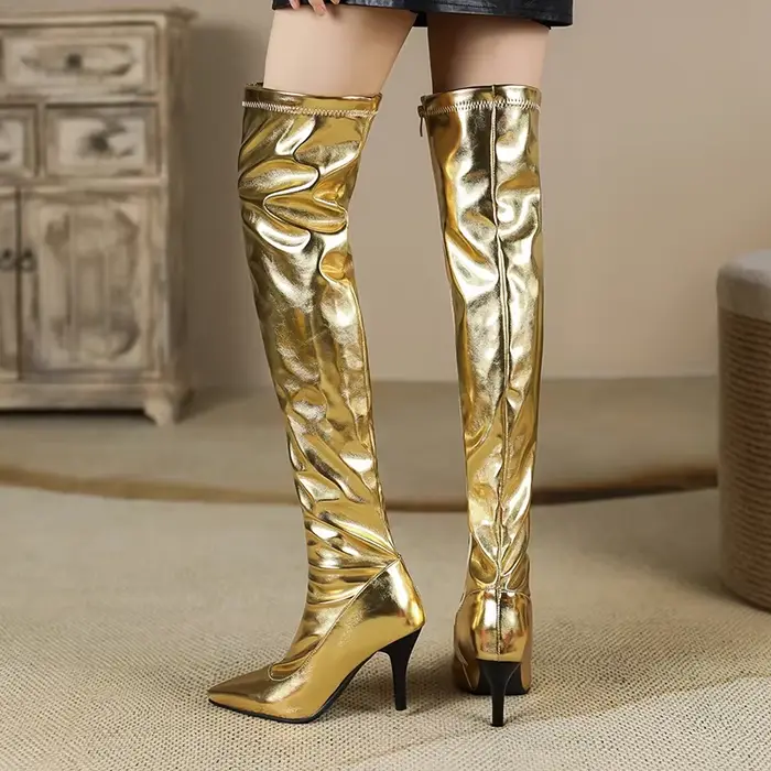Bottes d'hiver en PU métallique doré et argentées au-dessus du genou pour femmes, talons pointus, fermeture éclair, occassions spéciales, danse en barre, spectacle, club, fête
