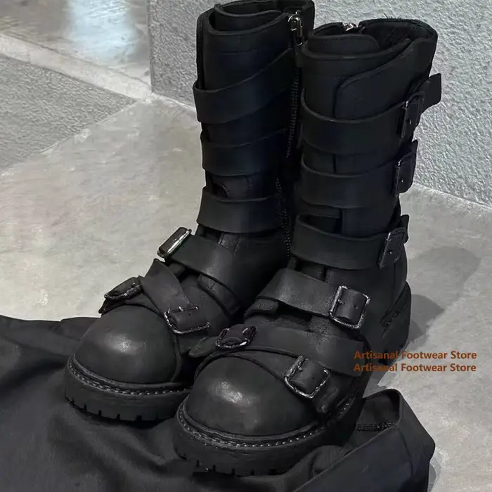 Bottes noires à boucles multi-ceinture pour hommes
