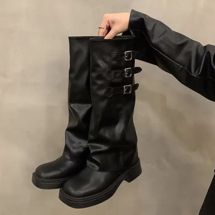 Bottes à poils rétro marron, mi-longues, bottes de chevalier à la mode pour dames, bottes de Cowboy 