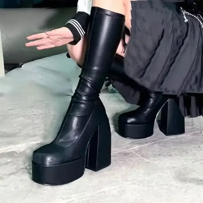 Bottes punk rock pour femmes hautes au-dessus du genou bout rond talon carré style britannique bottes modernes printemps automne