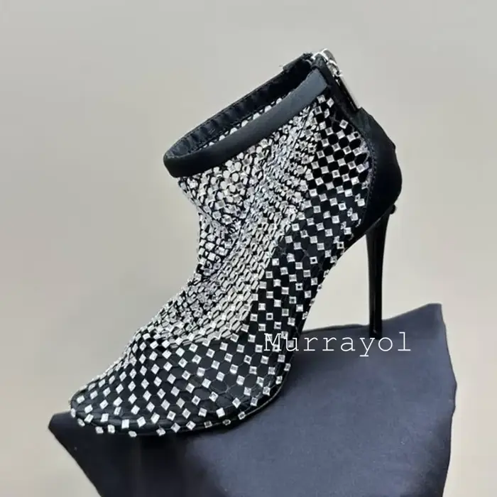 Bout pointu maille évider bottines femmes strass décor talons fins bottes courtes été Cool