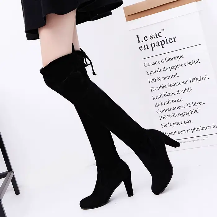Cuissardes longues en velours à lacets pour femmes, bottes de chevalier, chaussures d'hiver en fourr