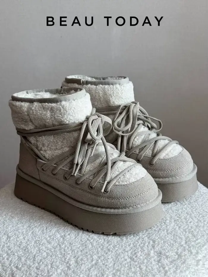 BEAUTODAY bottes de neige femmes en cuir de vache couleur unie bout rond semelle épaisse sans lacet hiver garder au chaud Laides chaussures en fourrure MS1A001