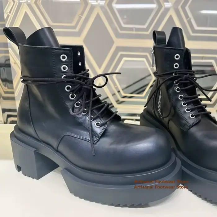 Bottes montantes à semelles épaisses pour hommes, bottines à lacets en cuir véritable, chaussures de