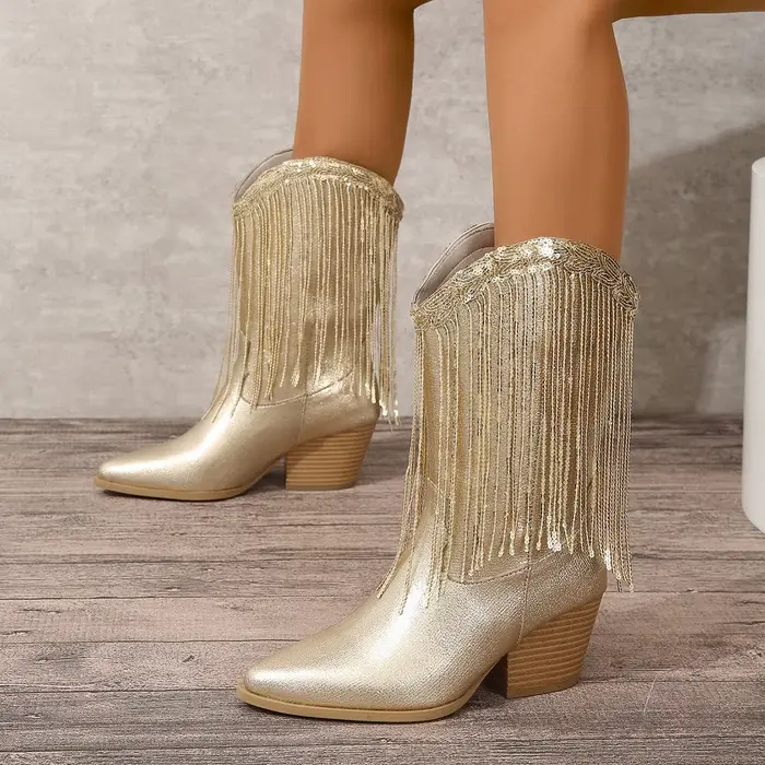 Bottes de Cowboy classiques Vintage pour femmes, chaussures à franges dorées, talons carrés, bottes 