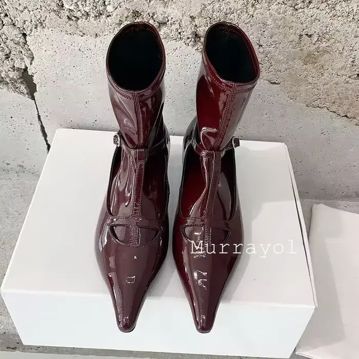 Bout pointu ceinture boucle conception bottes courtes femmes en cuir verni mince talons hauts cheville Botas automne