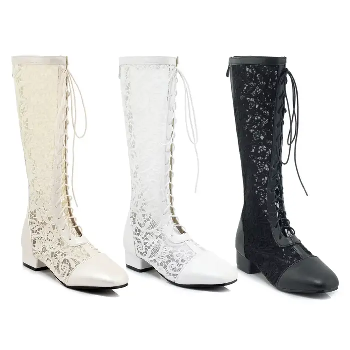 Bottes estivales haut du genou Krassessa en polyester et nylon pour femmes avec talon carré bas, style élégant et confortable pour l'été et les occasions spéciales