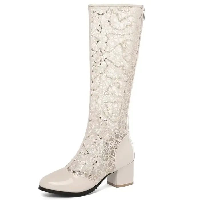 Printemps été femmes bottes mode genou botte haute fermeture éclair talons bas décontractés maille r