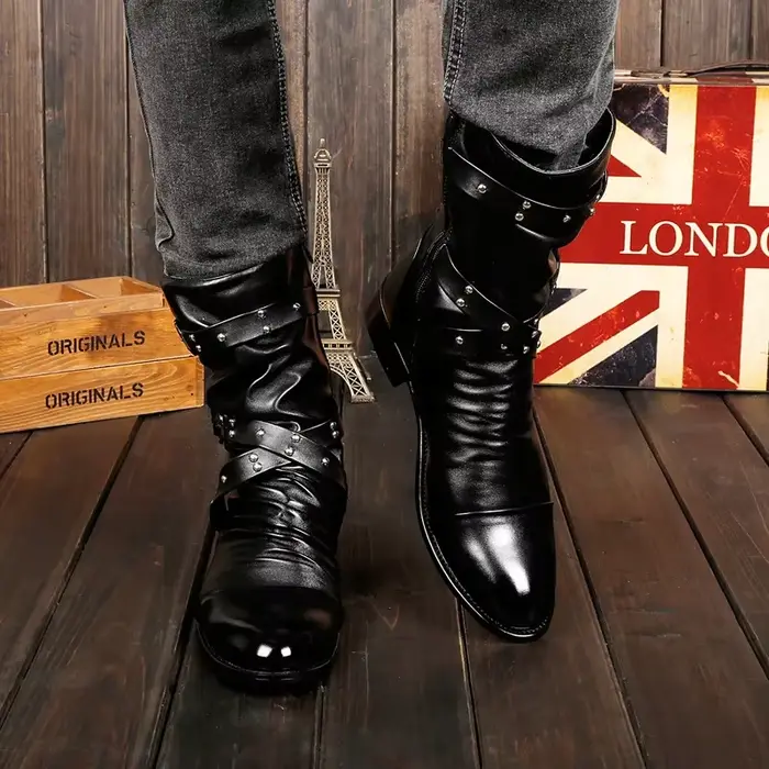 Bottes de motard UXST style britannique pour homme bottes punk rock mi-mollet à talons bas pour printemps automne ocassions spéciales