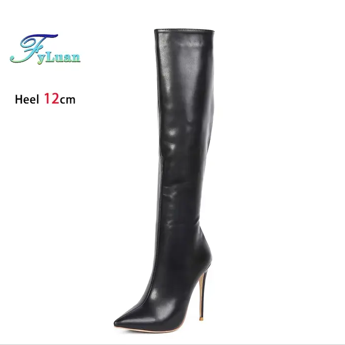 Bottes pointues noires pour femme 12CM Stiletto mode femmes chaussures d'hiver de fête grande taille 43 44 45 fermeture