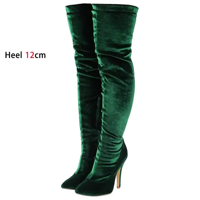 Bottes longues en velours pour femmes, chaussures au dessus du genou, bout pointu, talons aiguilles,