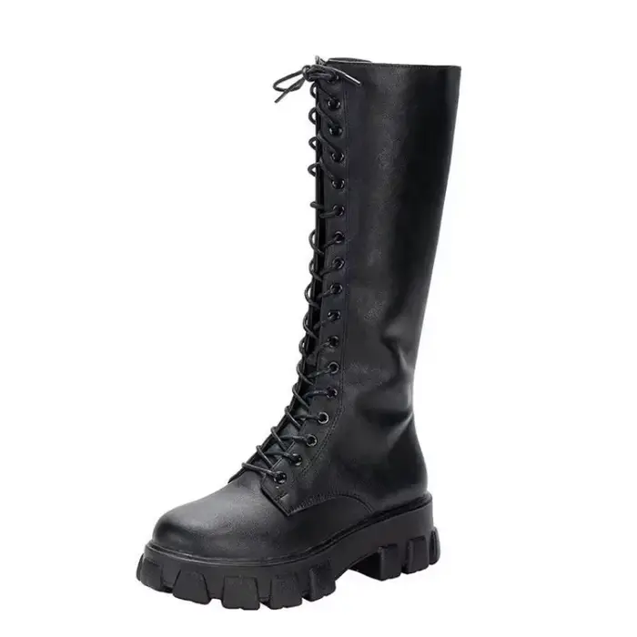 Bottes mi-mollet pour femmes, chaussures rembourrées, baskets hautes aux genoux, Style Punk, militai