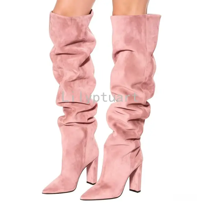 Bottes de mode pour femmes talons carrés 11 cm faux daim bout pointu au-dessus du genou printemps automne occasions spéciales