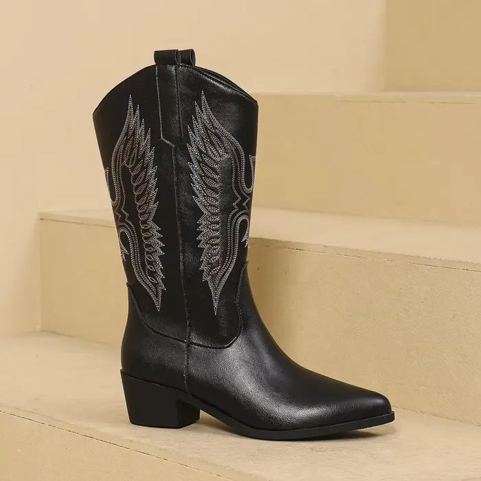 Bottes de cowgirl brodées au genou pour femmes, talons compensés, chaussures d'hiver, blanc, rouge, 