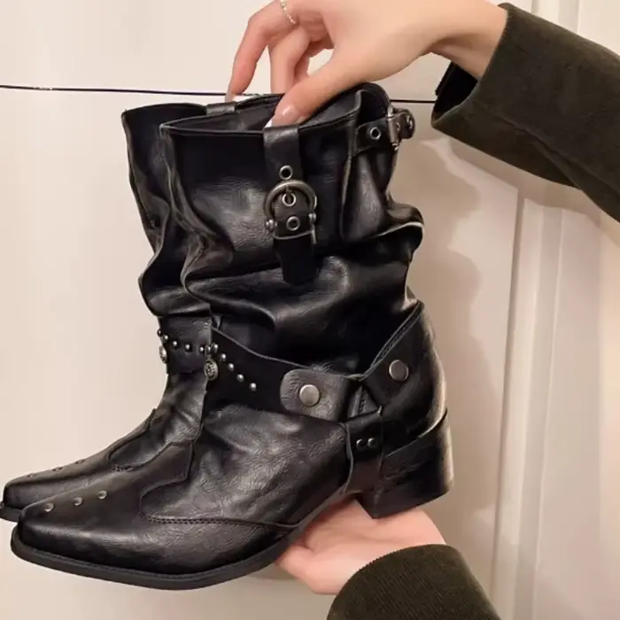 Bottes occidentales plissées mi-jambes pour femmes, chaussures en cuir à rivets et bout pointu et ta