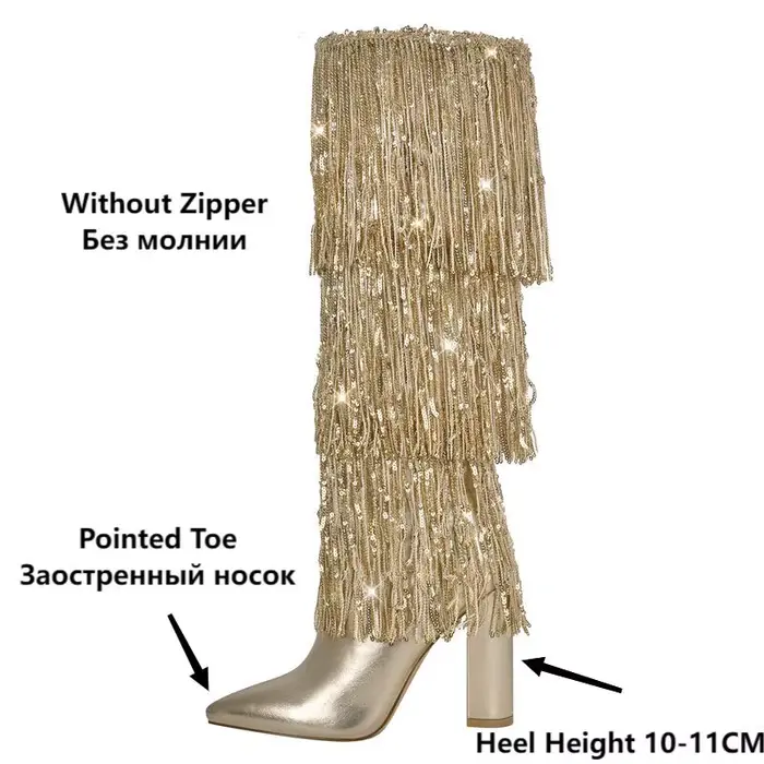 bottes au-dessus du genou Onlymaker bout pointu frange dorée pour femmes soirée danse élégantes ocassions spéciales