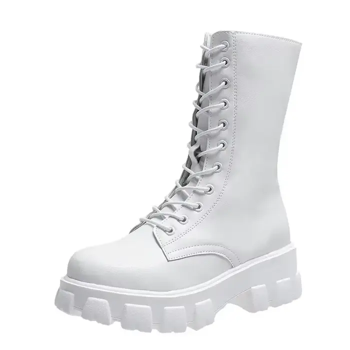 Bottes gothiques à plateforme en cuir PU pour femmes, bottes mi-mollet, bottines punk, chaussures bl