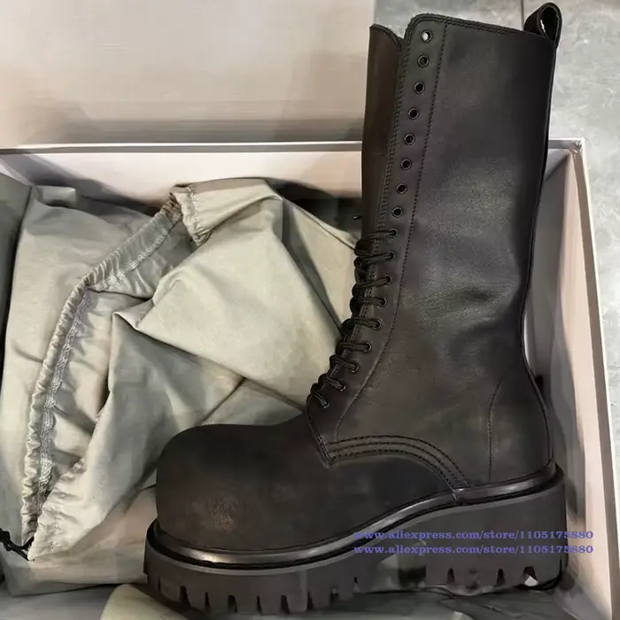 Bottes de moto en cuir noir pour hommes, semelles épaisses, bout rond, imperméables, chaussures de l