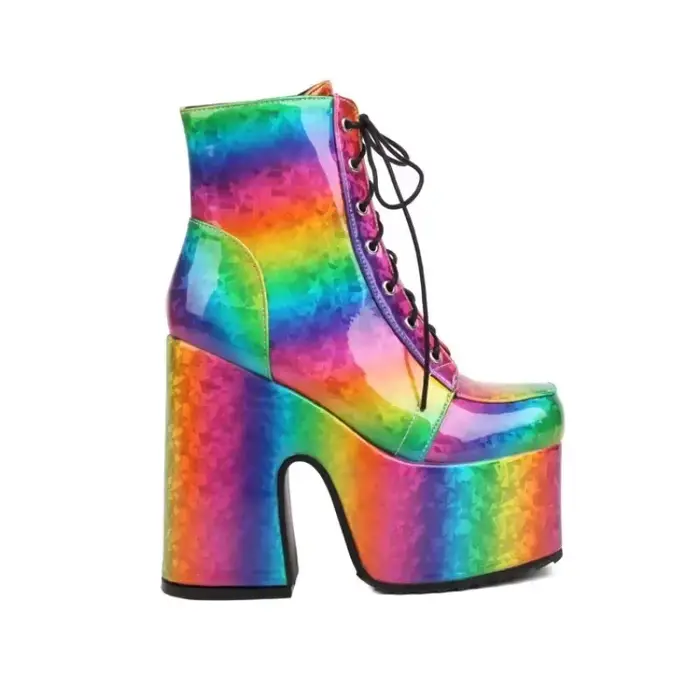 Bottes arc-en-ciel à plateforme à lacets pour femmes, chaussures de chauve-souris gothiques, talons 