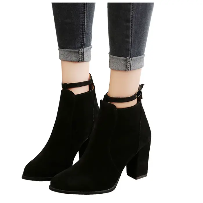 Femme daim talon haut bottines Style britannique mode talon épais pointu dos fermeture éclair bottes