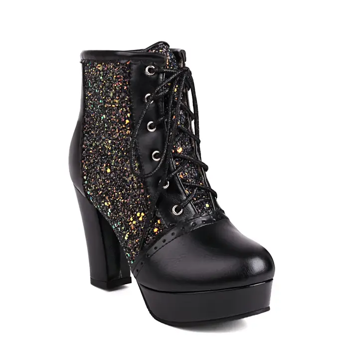 Bottes de rinçage à lacets à paillettes cloutées pour femmes, chaussures à plateforme, talons hauts 