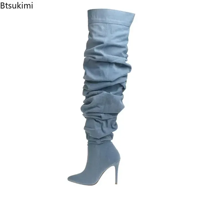 Bottes hautes en jean sexy à talon fin pour femme 2026 – Style western