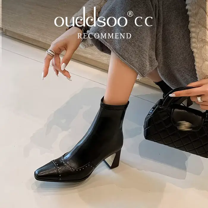 Bottes en microfibre avec décoration métallique bout pointu talons épaissis pour femmes automne hiver ocassions spéciales