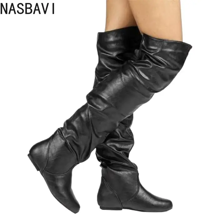 NASBAVI sur le genou bottes femmes Pu bottes élastiques femme bout rond chaussures concises chaussur