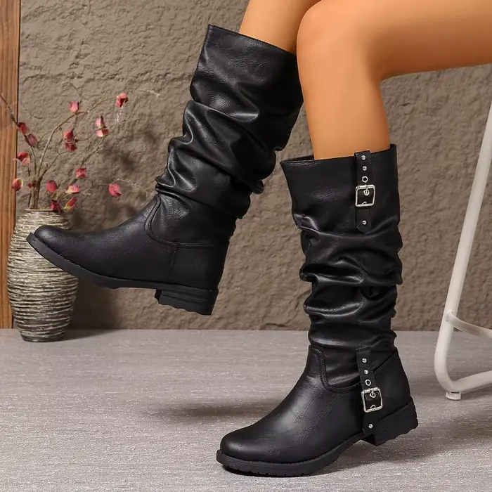 Bottes mi-mollet vintage pour femme, noires, bout rond, talon bas, tige plissée, semelle plate antidérapante, style décontracté automne-hiver, bottes de motard western, tendance
